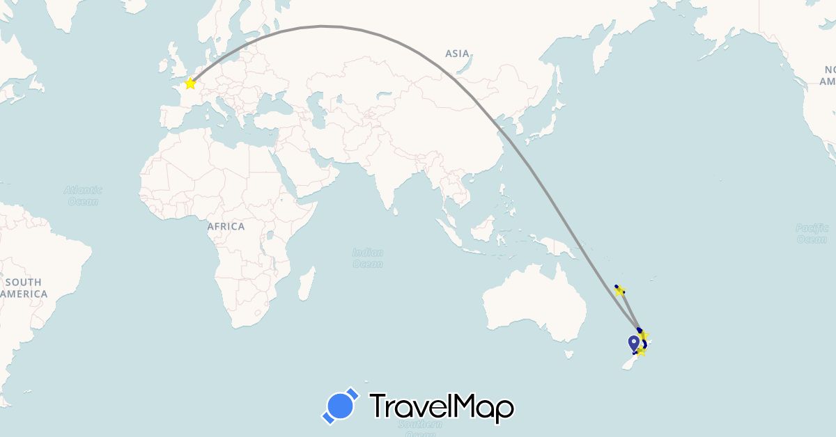 TravelMap itinerary: driving, plane, boat in China, France, New Caledonia, New Zealand (Asia, Europe, Oceania)